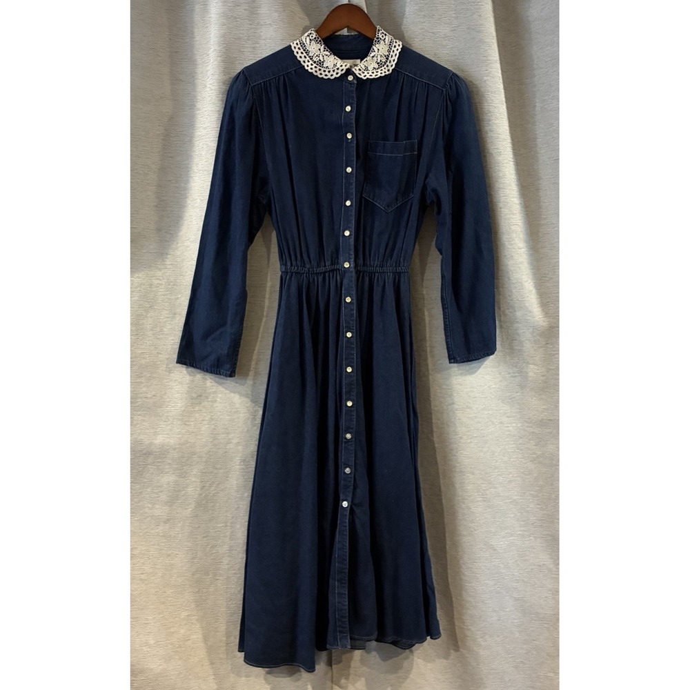 VTG 70s ACT‎ 1 Prairie Denim Dress Lace Long Sleeve Cottage